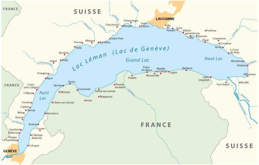 Carte du lac Leman et Lausanne
